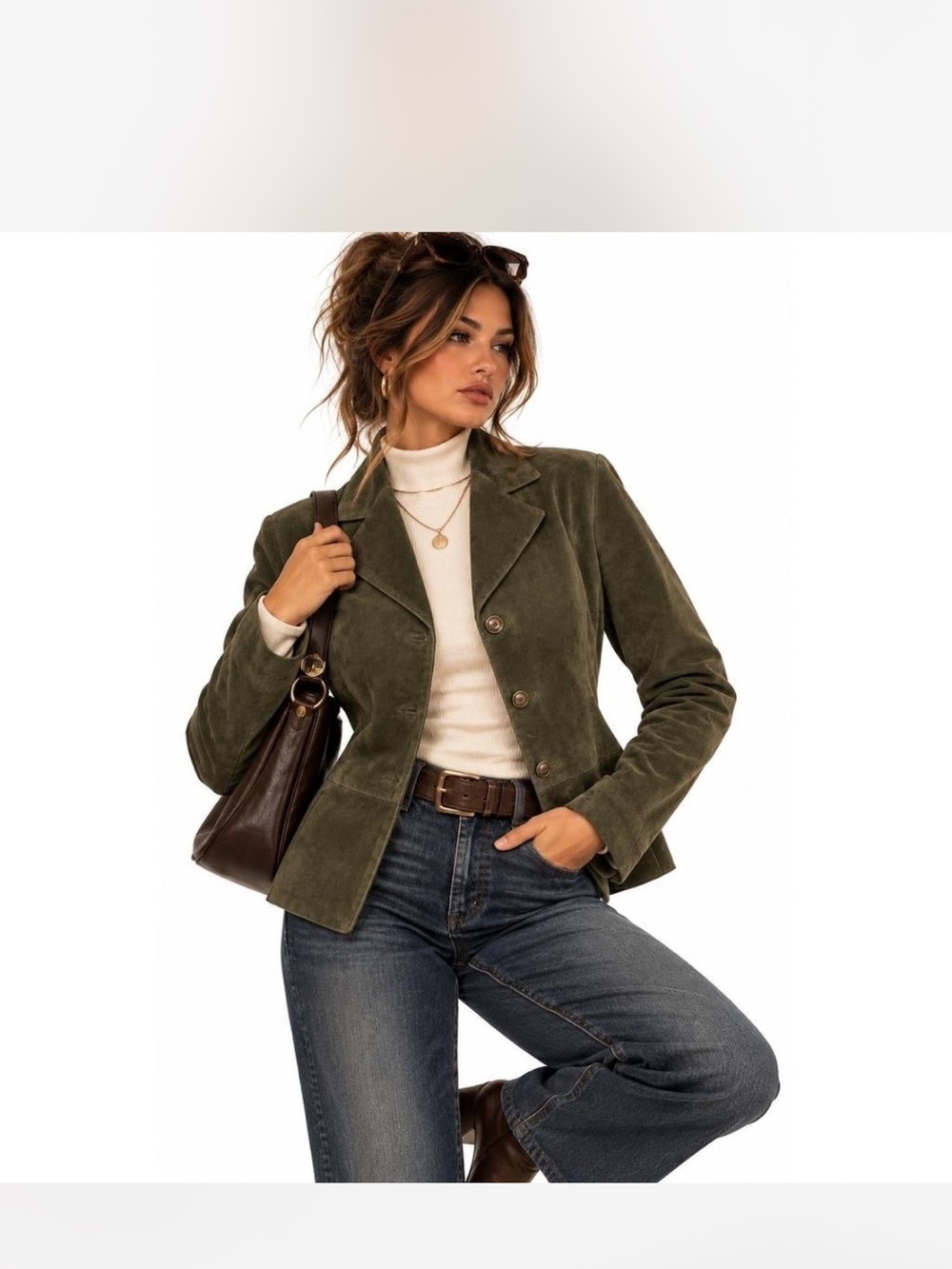 Chico's Olive Suede Tailored Blazer layer fall winter , preppy, luxury